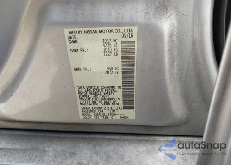 2016 Nissan Altima 2.5/2.5 S/2.5 Sl/2.5 Sr/2.5 Sv z USA, uszkodzony, nr VIN 1N4AL3AP0GC231326